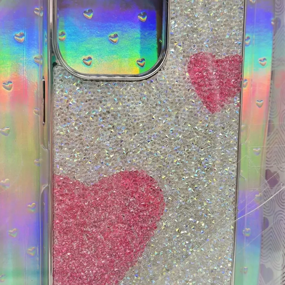 Glitter Pink Silver Hearts iPhone 14 Pro Max Rhinestone Coquette Princess NeW
